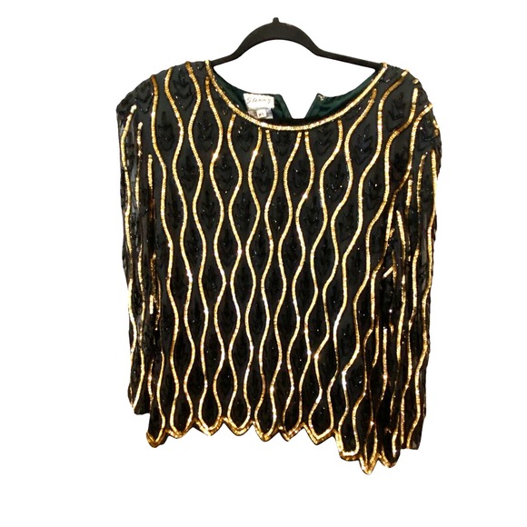 Stenay Vintage Formal Silk Top Green Gold Size Womens Size XL‎ Sequin Round Neck - Picture 2 of 10